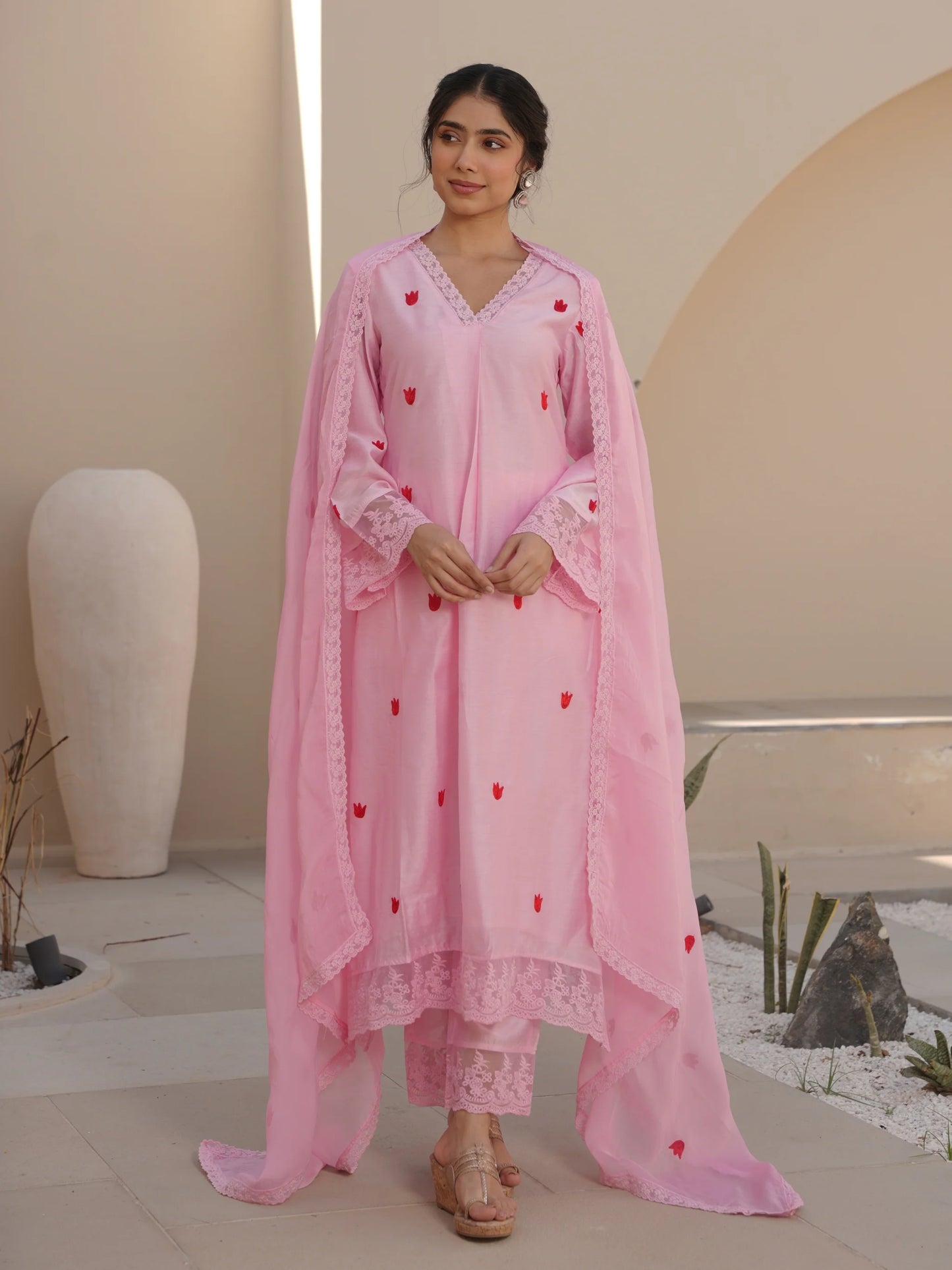 TULIP PINK CHANDERI EMBROIDERED SUIT SET