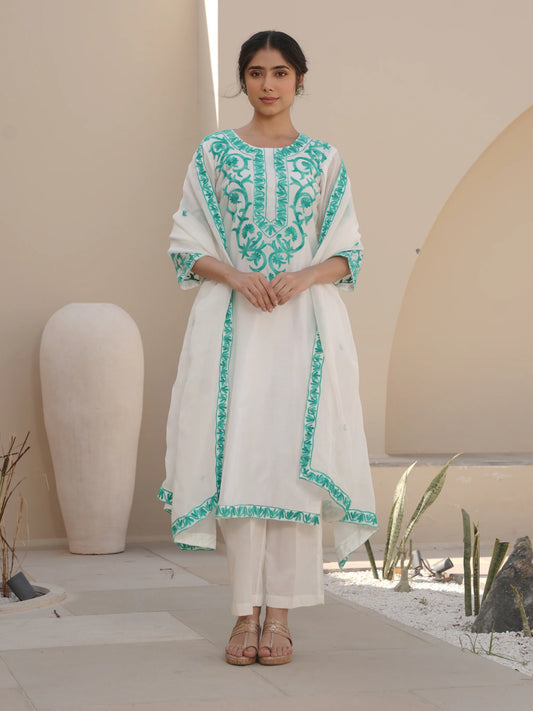 SNOWY WHITE CHANDERI EMBROIDERED SUIT SET