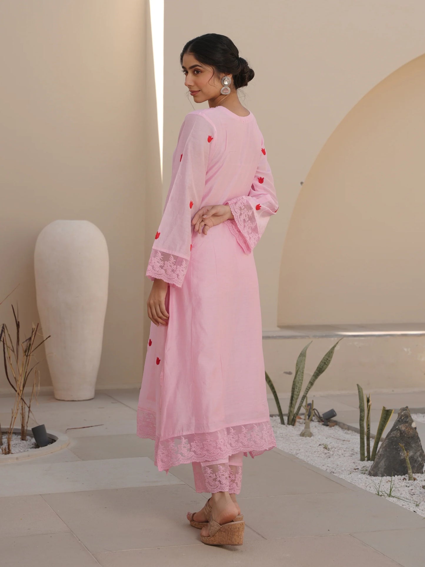 TULIP PINK CHANDERI EMBROIDERED SUIT SET