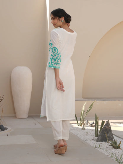 SNOWY WHITE CHANDERI EMBROIDERED SUIT SET