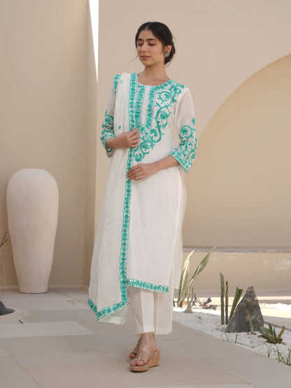 SNOWY WHITE CHANDERI EMBROIDERED SUIT SET