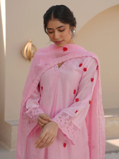 TULIP PINK CHANDERI EMBROIDERED SUIT SET